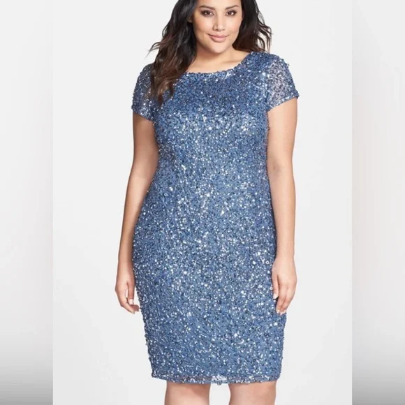Adrianna Papell | Dresses | Adrianna Papell Nileblue Sparkly Beaded Sequin  Cap Sleeve Cocktail Dress Nwt 24w | Poshmark